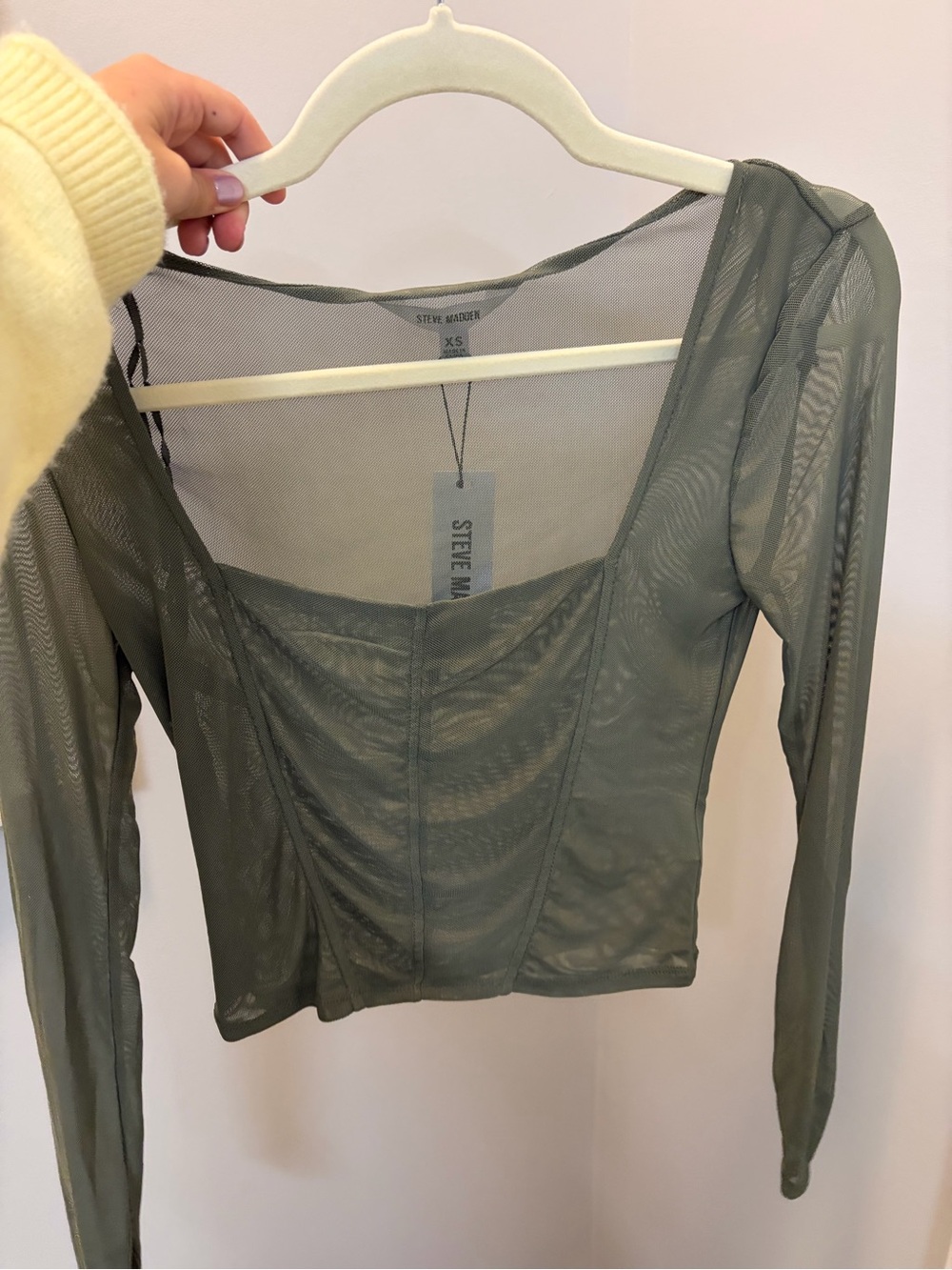 Steve Madden Olive Green Mesh Long-Sleeve Crop Top